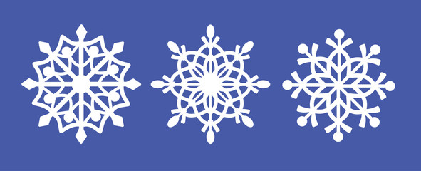 Set of laser cutting openwork snowflakes. Christmas decoration. Template for cut out paper snowflake isolated on blue background. Vector silhouette, stencil for scrapbooking, woodcut, carved wood.
