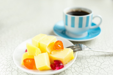Milk pudding and fruit candy for dessert. Coffee and orange slices for breakfast.