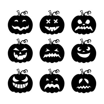 Laser cut set of a scary Halloween pumpkins. Collection of silhouette spooky images. Horror emoticons for paper cutting. Emoji art. Isolated vector illustration on white background. Black icons.
