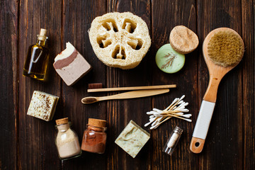 zero waste set for eco lifestyle flat lay
