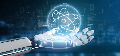 Cyborg holding an atom icon surrounded by data