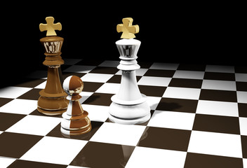 Chess pieces are pawns of unclear color. The notion of betrayal or espionage governments. 3D rendering.