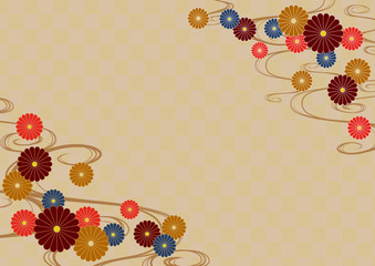 和柄背景　流水紋と菊と市松模様　カラフル