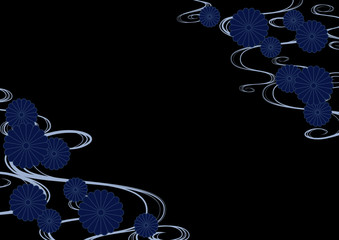 和柄背景　流水紋と菊と市松模様　黒と青