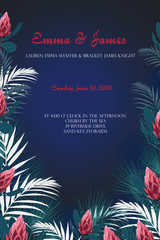 Illustration of a tropical frame, palm leaves and red protea for Wedding, anniversary, birthday and party. Design for banner, poster, card, invitation and scrapbook. Night colors.