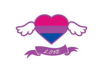 Bisexuality symbol with heart vector. Bisexual pride flag heart. Heart shape icon with bisexual pride flag. Bisexuality icon vector. Bisexuality symbol heart with wings icon