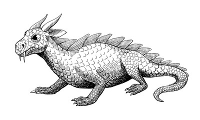dragon with crest, old fashioned hand drawn illustration