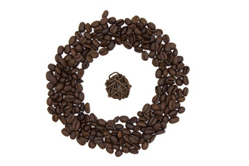 pieces of chocolate on a white background, and around the roasted coffee beans