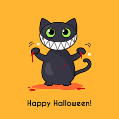 Smiling cat with blood on hands. Greeting card for Halloween.
