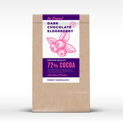 The Original Dark Elderberry Chocolate. Craft Paper Bag Product Label. Abstract Vector Packaging Design Layout with Realistic Shadows. Modern Typography and Hand Drawn Berries Silhouette.