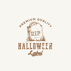Premium Quality Halloween Party Logo or Label Template. Hand Drawn Grave with a Tomb Stone Sketch Symbol and Retro Typography. Shabby Textures.