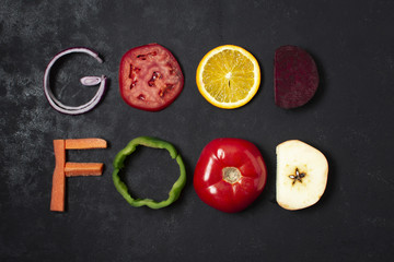 Flat lay food arrangement on black background