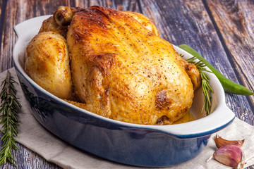 Whole baked chicken.