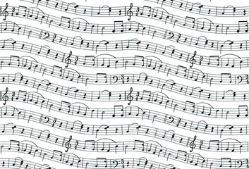 Sheet music, treble clef, bass, melodies. Happy birthday seamless texture for packing a musical gift, on a white background