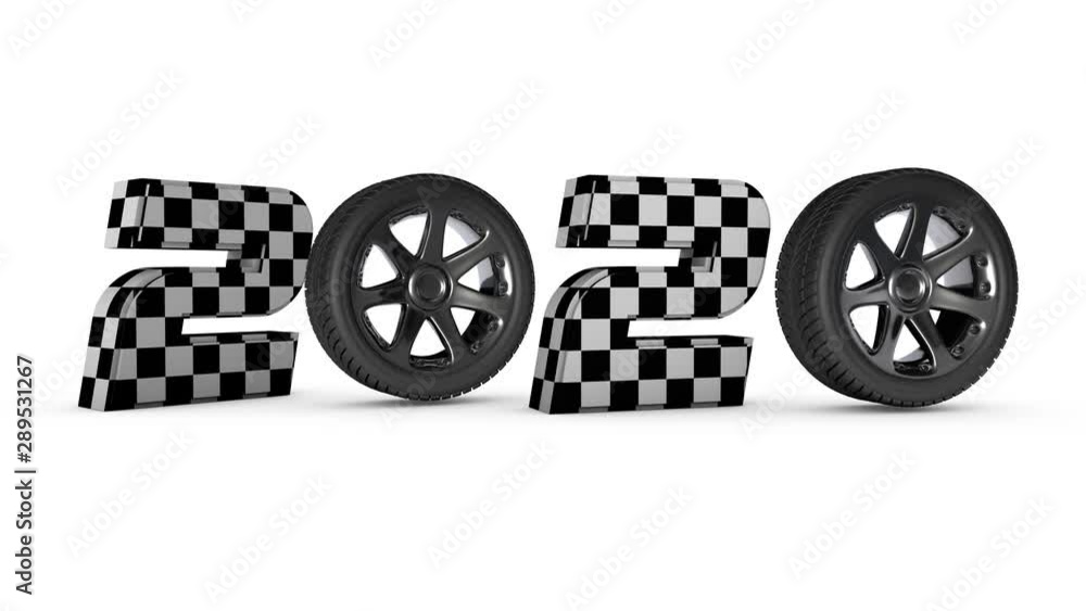 Poster 3d animation of the symbol of 2020 new year with rotating car wheels instead of zeros and numbers pa