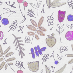 Flowers and berries, seamless background. Naive inflorescences, leaves, berries. Decorative flowers. Wrapping paper, textiles, retro background, color design.