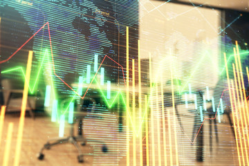 Forex chart hologram with map and minimalistic cabinet interior background. Double exposure. International business concept.
