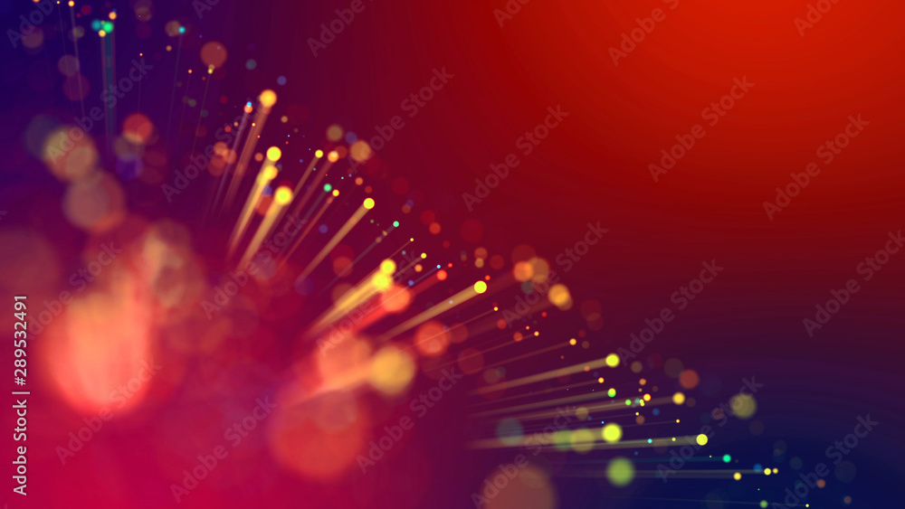 Poster abstract explosion of multicolored shiny particles or light rays like laser show. 3d render abstract