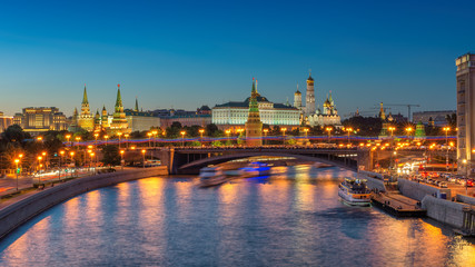 Moscow Kremlin skyline in summer twilight, illumination on Moscow river and Kremlin, Moscow, Russia.