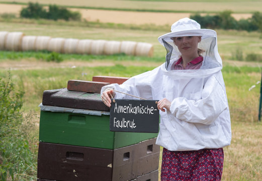 Imkerin vor zwei Bienenstöcken hält eine Kreidetafel mit dem Wort "Amerikanische Faulbrut"