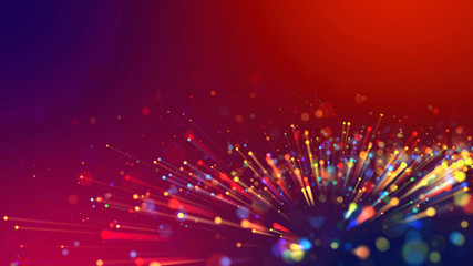 Abstract explosion of multicolored shiny particles or light rays like laser show. 3d render abstract background with colorful glowing particles, depth of field and bokeh effect.