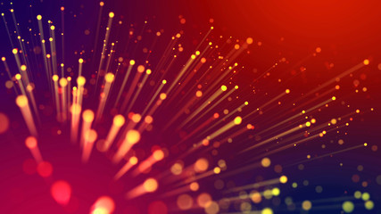 Fototapeta na wymiar Abstract explosion of multicolored shiny particles or light rays like laser show. 3d render abstract background with colorful glowing particles, depth of field and bokeh effect.