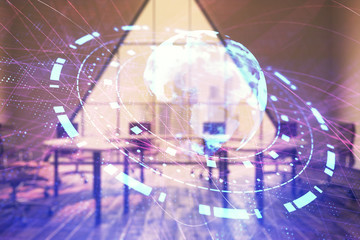 Double exposure of globe hologram on conference room background. Concept of international business