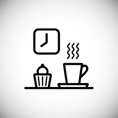 Line style icon of cup, espresso, muffin, clock.
