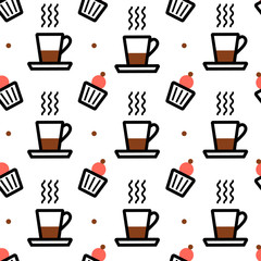 Seamless pattern line style icons with color.  Cup, espresso, muffin.