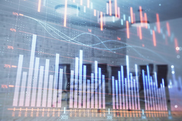 Multi exposure of stock market graph on conference room background. Concept of financial analysis