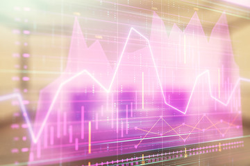 Multi exposure of stock market graph on conference room background. Concept of financial analysis
