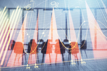 Multi exposure of stock market graph on conference room background. Concept of financial analysis