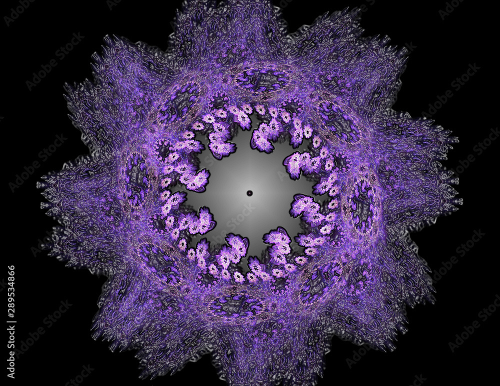 Poster particles of abstract fractal forms on the subject of nuclear physics science and graphic design. ge