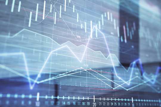 Double exposure of stock market graph on empty exterior background. Concept of analysis