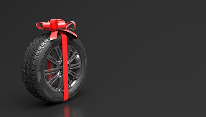 Single new car wheel with red bow isolated on a black background. Gift or promotional wheel. Mock up for advertising of tire fitting or auto maintenance. Copy space for text or logo. 3D rendering.