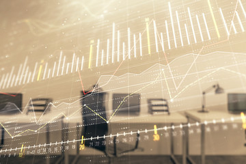 Stock and bond market graph with trading desk bank office interior on background. Multi exposure. Concept of financial analysis