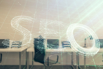 SEO icon hud with office interior on background. Double exposure. Concept of data search