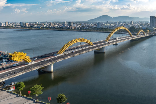 Aerial view of the Dragon bridge in Danang, Central Vietnam