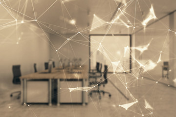 Technology theme drawing with office interior on background. Multi exposure. Concept of innovation