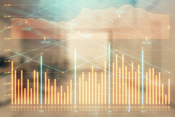 Stock market chart with trading desk bank office interior on background. Double exposure. Concept of financial analysis