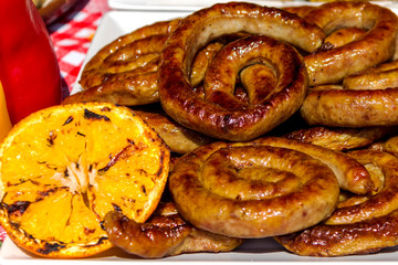 Delicious grilled sausages. Background of sausages.
