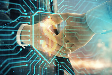 Double exposure of business theme drawing on cityscape background with handshake. Concept of partnership