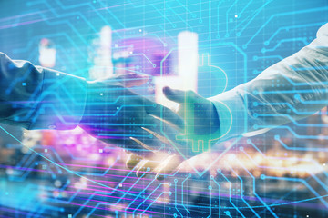 Double exposure of crypto economy theme drawing on cityscape background with handshake. Concept of partnership and blockchain