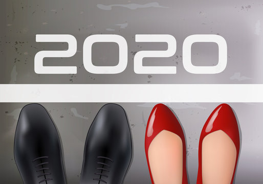 Concept de carte de vœux 2020 pour la lutte contre la discrimination entre les sexes, avec pour symbole les pieds d’un homme et d’une femme sur la ligne de départ d’une course.