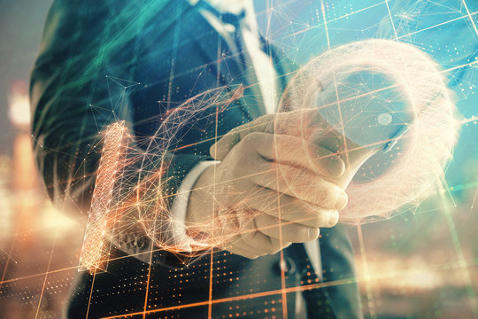 Double exposure of crypto economy theme drawing on cityscape background with handshake. Concept of partnership and blockchain