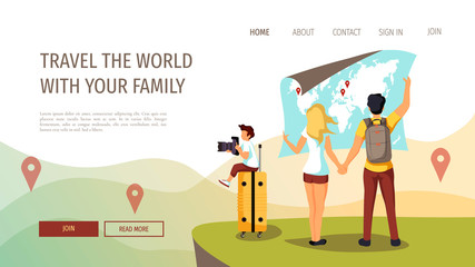 Web page design template for discovery, tourism, travel and happy family. Parents with world map and boy with camera sitting on the suitcase. Vector illustration for banner, poster, website.