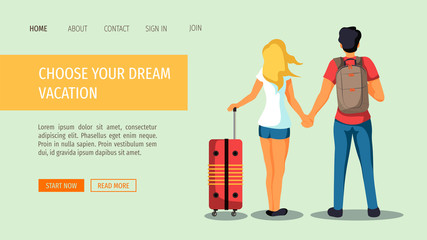 Web page design template for discovery, tourism, travel and vacation. Man with backpack and woman with suitcase. Vector illustration for banner, poster, website.