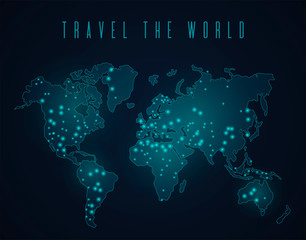 World map on the dark background with lights. Travel the world concept. Vector illustration for poster, banner, card, cover.