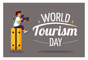 Cute poster for "World Tourism Day". Boy with camera sitting on the suitcase on the gray background. Vector illustration for banner, poster, postcard, cover.