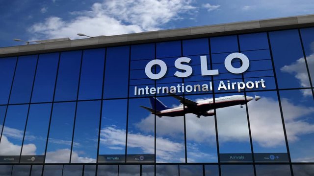 Jet aircraft landing at Oslo, Norway 3D rendering animation. Arrival in the city with the glass airport terminal and reflection of the plane. Travel, business, tourism and transport concept.